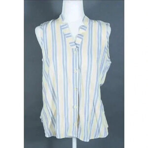 Flax - Small Linen Striped Sleeveless Button Down Collared‎ Blue & Yellow Top